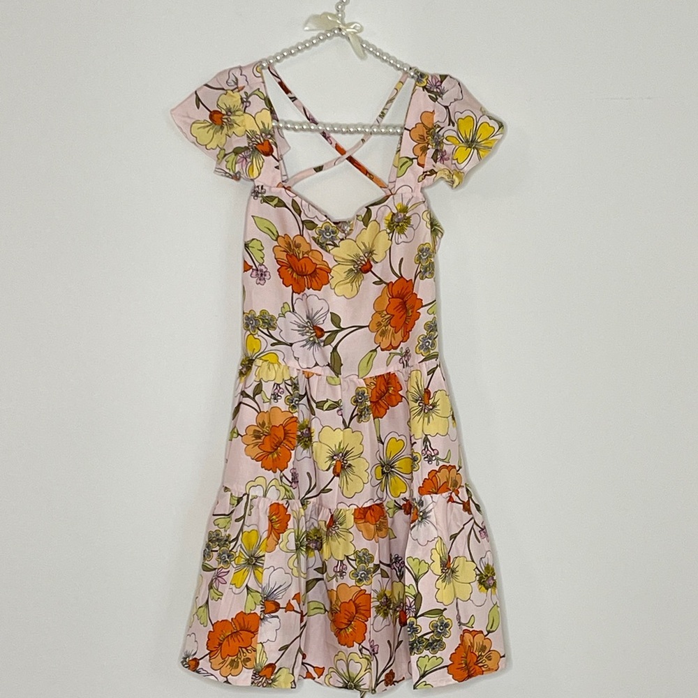 Pink and Orange Ruffled A-line Sundress with Puff Cap Sleeves